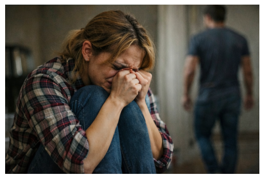 A woman crying, curled up on the floor, as someone walks away in the background