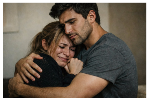 A couple embracing emotionally, the woman crying while being held