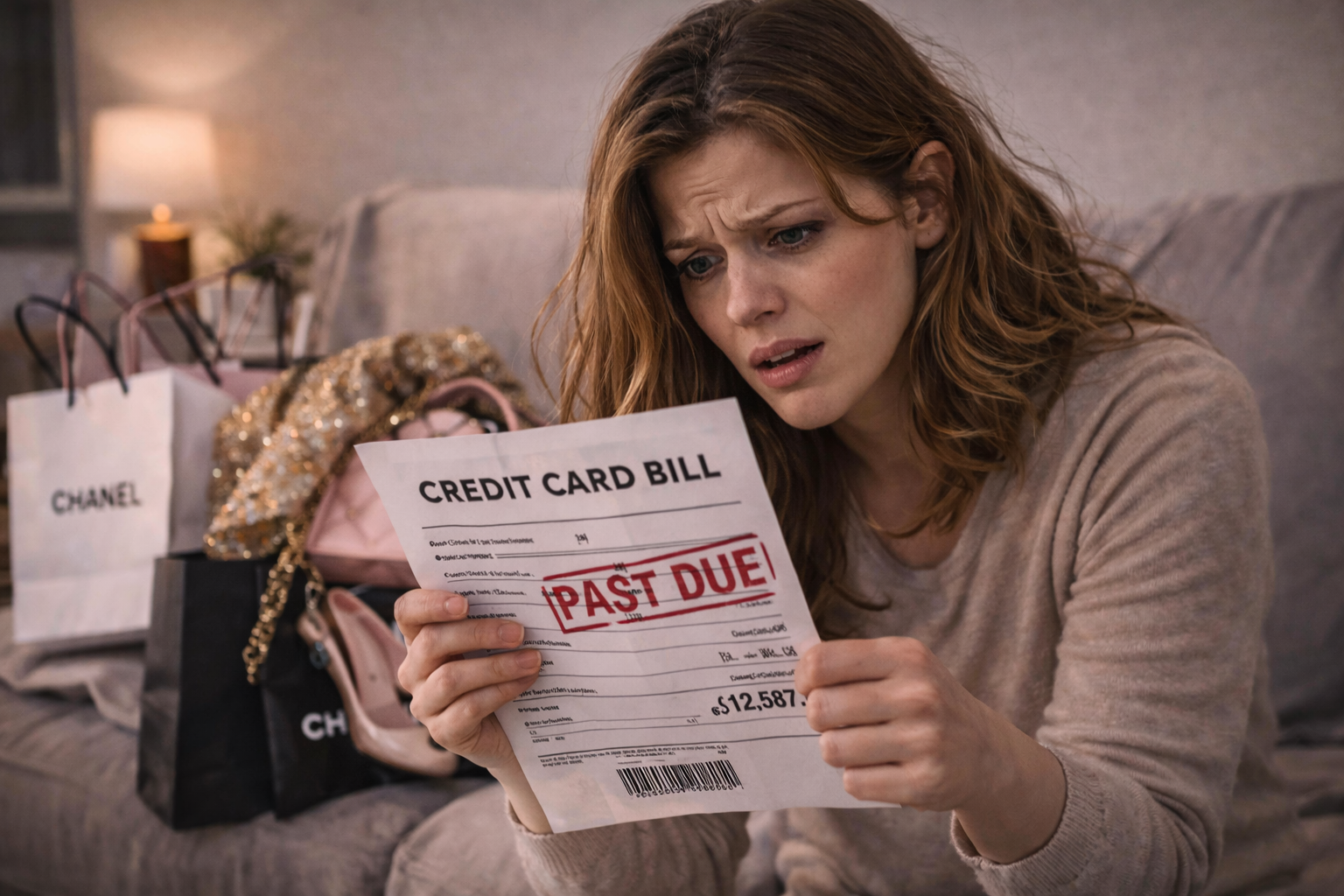 A woman looking distressed while holding a past-due credit card bill, surrounded by shopping bags — the aftermath of impulsive spending