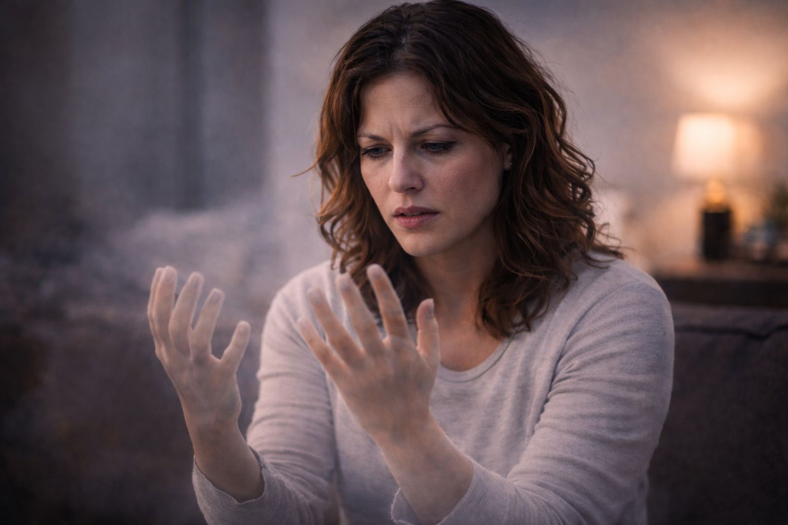 A woman staring at her hands in confusion, her fingers appearing translucent — representing the detachment of depersonalization