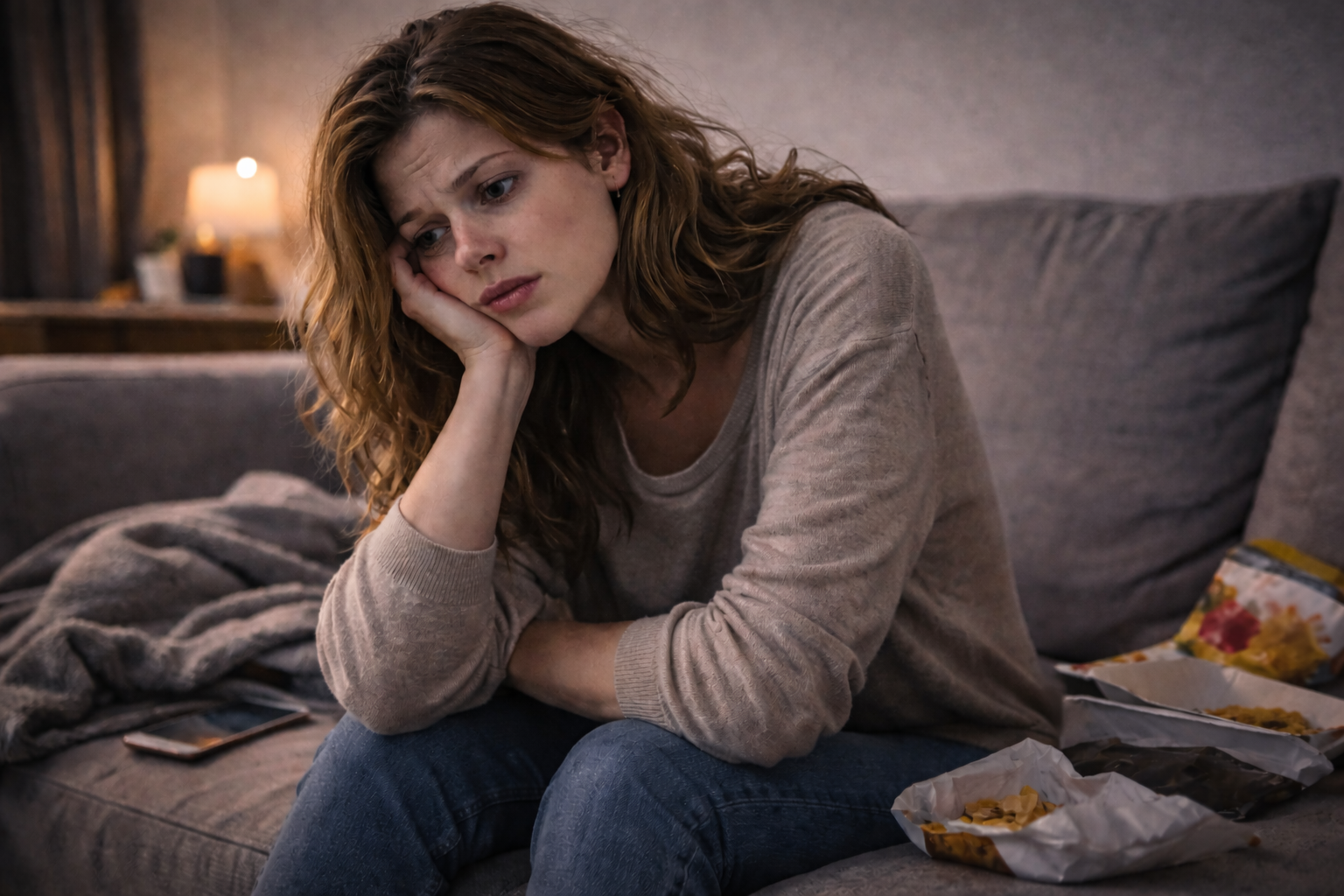 A woman sitting on a couch looking hollow and disconnected, staring into nothing — representing the chronic emptiness of discouraged BPD