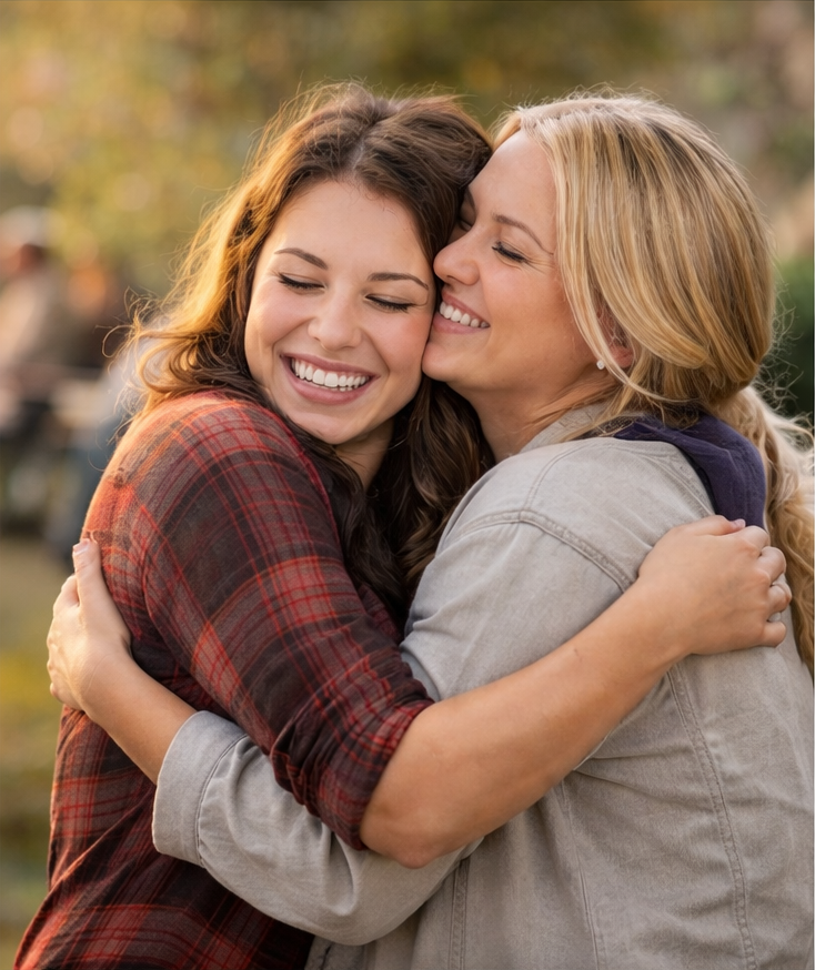 Two women sharing a warm embrace — representing the emotional connection that becomes possible through trauma processing