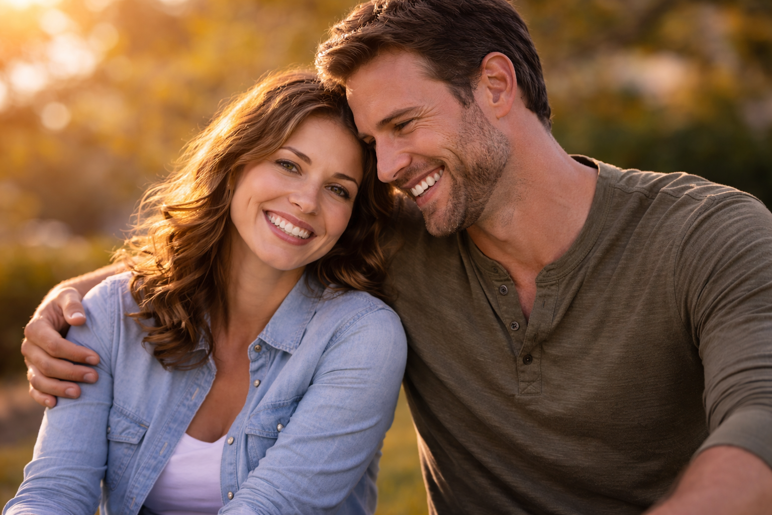A couple smiling and laughing together in warm sunlight — representing the sustained joy and connection of Stage 4 recovery